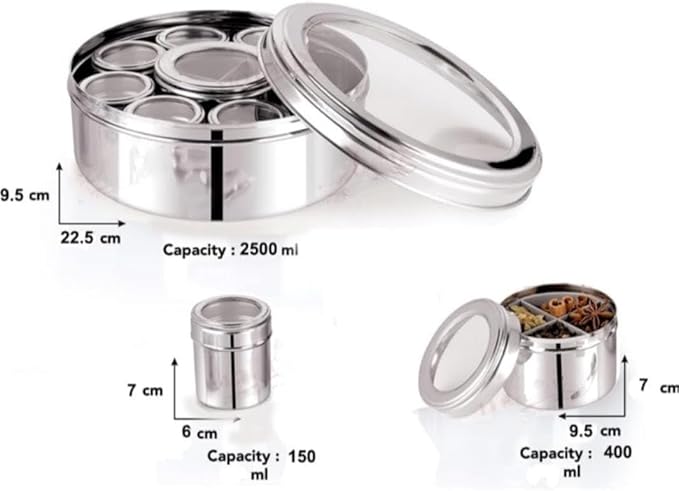 12 In 1 Stainless Steel Masala Box | Spice Box For Kitchen | Large Masala Dabba with See-Through Lid | Steel Masala Dani 2.5L Spice Organizer with 12 Compartment (22.5 cm, Silver)