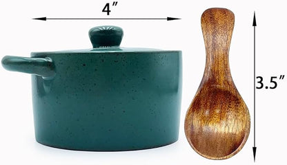 12 oz Ceramic Salt Cellar with Lid & Wooden Spoon,Countertop Salt Container,Sugar Bowl,Spices Jar| Artisan Kitchen Decor(Blue)