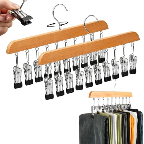2 Pack Legging Organizer for Closet, Wooden Pants Hangers with 10 Clips | Holds 20 Jeans, Skirts, Underwear, Panties, Space Saving Hangers for Wardrobe Storage & Organization by Unknown