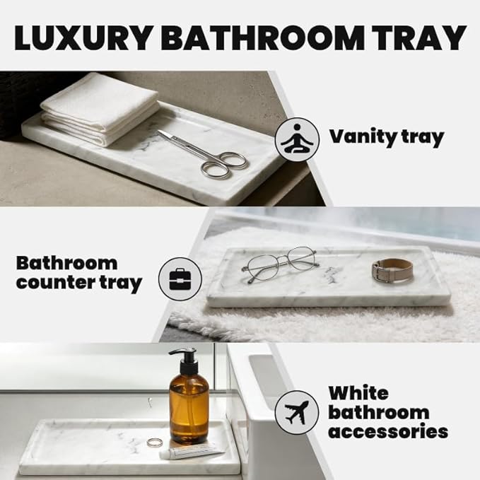 Marble Tray, Stone Bathroom Tray for countertop, Small White Marble Vanity Tray for Perfume, Skincare & Bathroom Accessories
