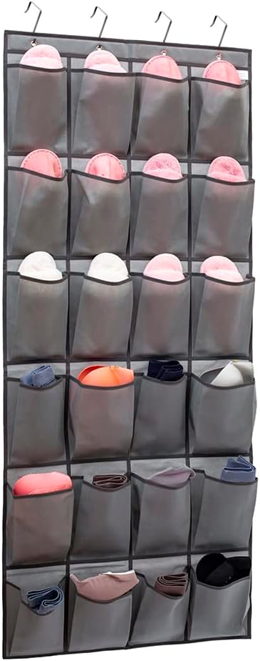 Over The Door Hanging Shoe Organizer Shoe Rack Hanger 24 Large Fabric Pockets Holder with 4 Sturdy Hooks (GREY)