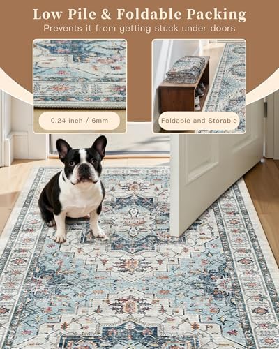 Madane Blue Runner Rug, 2x5, Low-Pile, Non-Slip, Washable, Stain Resistant, Retro, Machine-Made, Microfiber, Floral, Kitchen, Living Room, Bedroom, Laundry Room - Image 6