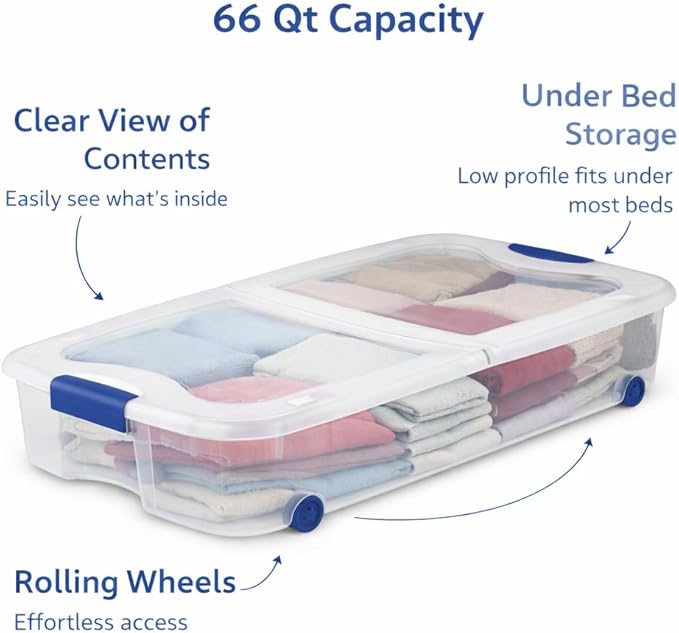 66 Quart Underbed Storage Bin with Wheels & Clear Lid, Under Bed Storage Container for Blankets, 39.5" x 20.25" x 7", Split-Lid Design & Smooth Gliding Wheels