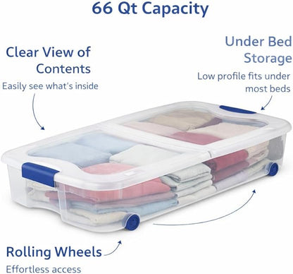 66 Quart Underbed Storage Bin with Wheels & Clear Lid, Under Bed Storage Container for Blankets, 39.5" x 20.25" x 7", Split-Lid Design & Smooth Gliding Wheels