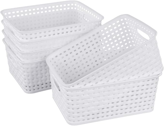 Sandmovie White Plastic Rattan Storage Baskets, 6 Packs