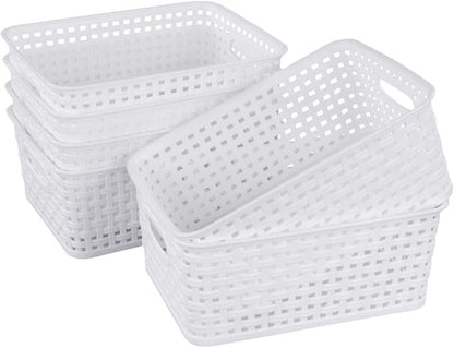 Sandmovie White Plastic Rattan Storage Baskets, 6 Packs