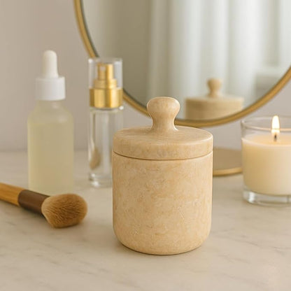 Creative Home Natural Champagne Marble Notch Collection Cotton Ball, Swab Holder Bathroom Storage Jar Container Organizer, 3.5" Diam. x 3.8" H, Beige