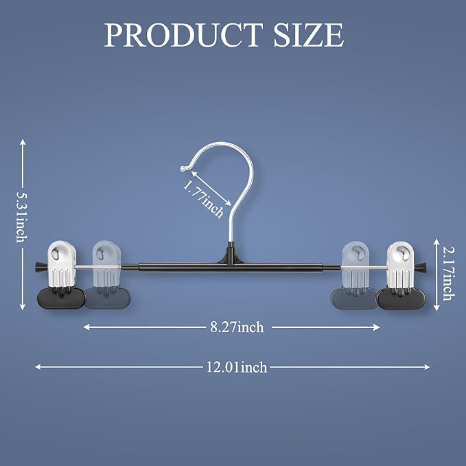 Clothes Pants Hangers with Wide Clips 10 Pack,Non-Slip Adjustable Skirt Hanger for Women,Space-Saving Heavy Duty Men Hangers for Pants,Trousers,Jeans,Shorts 12Inch Black