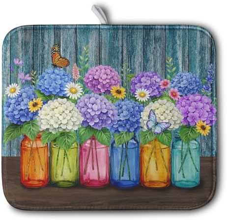Hydrangea Dish Drying Mat Spring Summer Floral Jars Kitchen Drying Mats for Countertops Vintage Flower Vases Dish Draining Mat Microfiber Absorbent Dish Rack Pad 16x18 Inch by Kwlegh