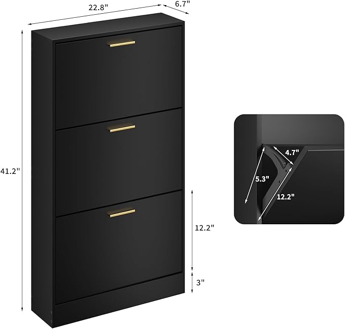 JOZZBY Shoe Storage Cabinet with 3 Flip Drawers, Freestanding Narrow Slim Shoe Organizer Cabinet Rack for Entryway, Hallway, Living Room, Black