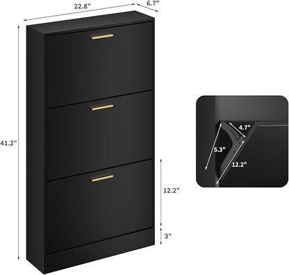 JOZZBY Shoe Storage Cabinet with 3 Flip Drawers, Freestanding Narrow Slim Shoe Organizer Cabinet Rack for Entryway, Hallway, Living Room, Black
