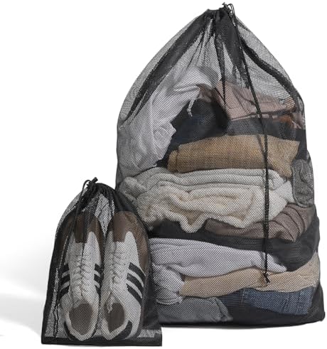 2 Pack Mesh Laundry Bags - Large & Small Heavy Duty Mesh Laundry Bag with Drawstring, Wash Bags for Travel, College, Dorms, Sports, Family, Black by Unknown