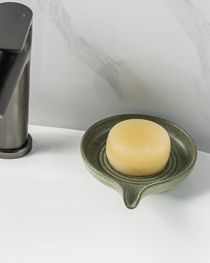 Soap Dishes, Ceramic Shower Soap Dish with Waterfall Design Bar Soap Holder Self Draining Soap Saver for Shower, Bathroom, Sink, Kitchen and Countertop, Green