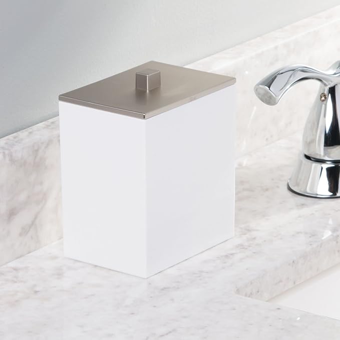mDesign Plastic Rectangle Apothecary Canister - Organizer for Bathroom Vanity Countertop Shelf Decor - Holds Cotton Swabs, Soap, Makeup, Bath Salts - Lumiere Collection - 2 Pack - White/Brushed Chrome