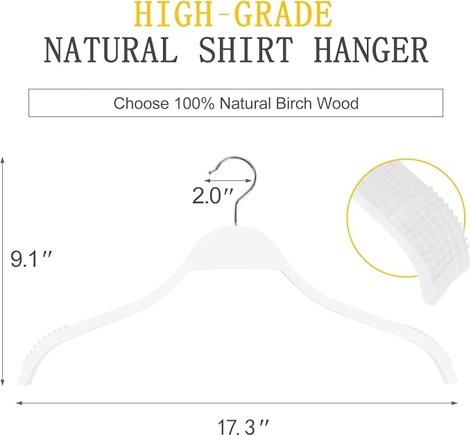 TOPIA HANGER Slim Wooden Hangers with Extra Soft Non-Slip Rubber Grips, 30-Pack High-Grade Fashion Hanger No Shoulder Bump for Sweaters, Hoodies, Jacket, Dress, Coat (White) -CT15W30