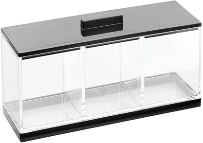 mDesign Cosmetic Divided Organizer Storage Canister Box with 3 Sections and Lid for Bathroom Vanity Countertop - Holder for Cotton Swabs, Perfume, Lipstick - Lumiere Collection - Clear/Black
