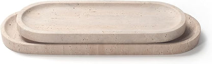 Oval Travertine Stone Tray for Jewelry, Candles, Perfume, Decorative Marble Bathroom Tray for Countertop Organizer 9.8inch x 3.9inch x 0.7inch