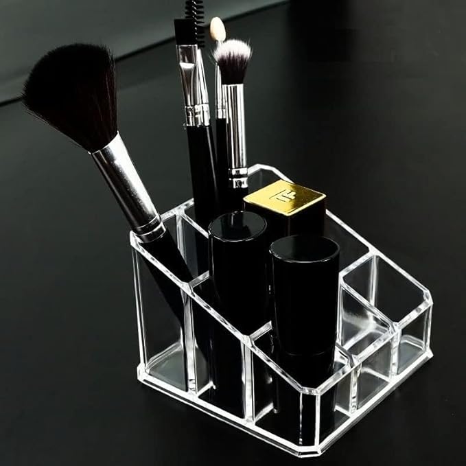 Acrylic Makeup Organizer Cosmetic Storage Display Case Makeup Brush Holder Organizer Lipstick Dispenser Canister Bathroom Container (3.5 x 3.5 x 2.6 in, 9 Partitions, Transparent)