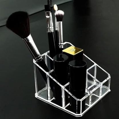 Acrylic Makeup Organizer Cosmetic Storage Display Case Makeup Brush Holder Organizer Lipstick Dispenser Canister Bathroom Container (3.5 x 3.5 x 2.6 in, 9 Partitions, Transparent)