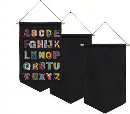 3 PCS Canvas Banner Blank with Wooden Dowel, Canvas Banners Wall Hanging Brooch Jewelry Badges Display, Enamel Pin Holder Display for Buttons Earrings (Black, Small)