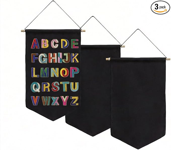 3 PCS Canvas Banner Blank with Wooden Dowel, Canvas Banners Wall Hanging Brooch Jewelry Badges Display, Enamel Pin Holder Display for Buttons Earrings (Black, Medium)