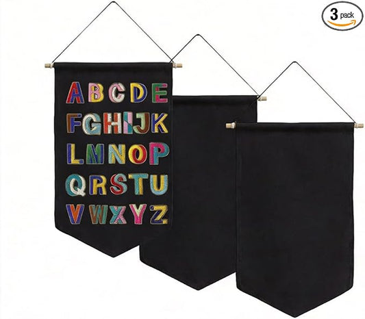 3 PCS Canvas Banner Blank with Wooden Dowel, Canvas Banners Wall Hanging Brooch Jewelry Badges Display, Enamel Pin Holder Display for Buttons Earrings (Black, Medium)