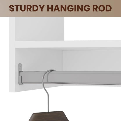 ROOMTEC Modular Closet System, 96" Wall-Mounted Closet Organizer with Drawers and Hanging Rods, Wooden Tower for Walk-In Closets, Wardrobe Storage Kit, White