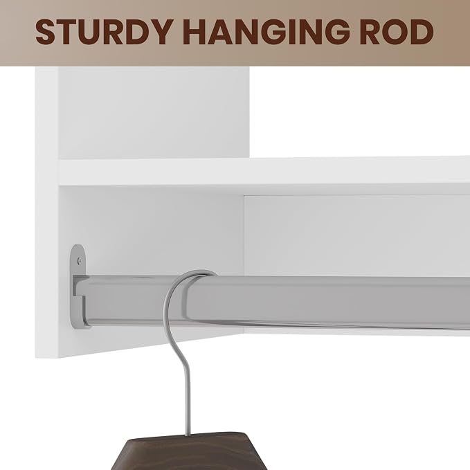 ROOMTEC Modular Closet System, 40" Wall-Mounted Closet Organizer with Hanging Rods and Shelves, Wooden Tower for Walk-In Closets, Wardrobe Storage Kit, White