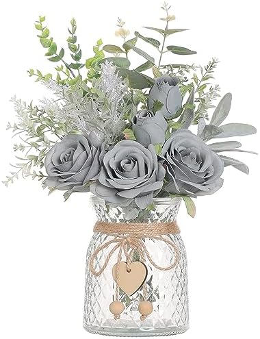 14.5" Artificial Silk Roses with Vase for Home Decoration (Grey Blue) by VIERENA