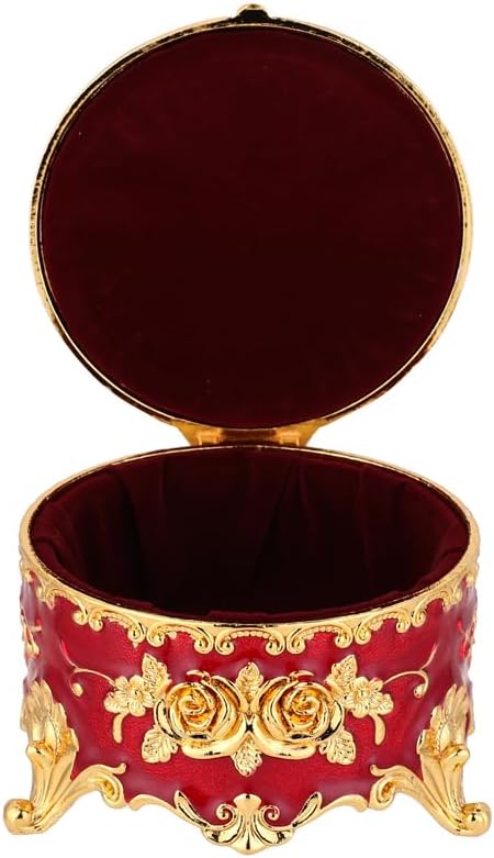 Retro round jewelry box creative small accessory storage box metal chest ring box collection commemorative box earring box earring necklace storage box women's gift small (Red)