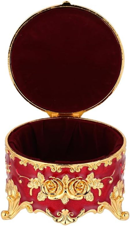 Retro round jewelry box creative small accessory storage box metal chest ring box collection commemorative box earring box earring necklace storage box women's gift small (Red)