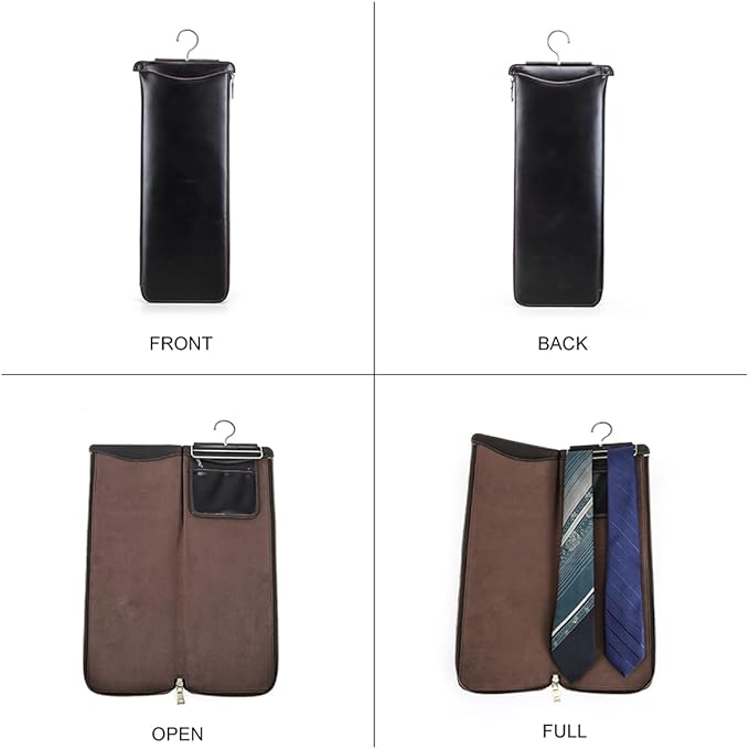CONTACTS Tie Travel Case with Hanger Full Grain Leather Neckties Organizer with Hook & Jewelry Pocket Tie Storage Bag for 2 Ties by Handmade