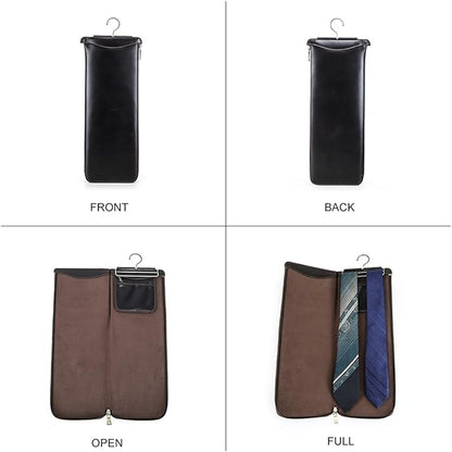 CONTACTS Tie Travel Case with Hanger Full Grain Leather Neckties Organizer with Hook & Jewelry Pocket Tie Storage Bag for 2 Ties by Handmade