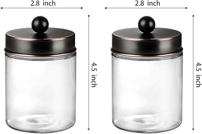 Amolliar Apothecary Jars Bathroom Storage Organizer - Cute Qtip Dispenser Vanity Canister Glass with Lid for Cotton Swabs,Rounds,Bath Salts,Makeup Sponges,Hair Accessories/Oil Rubbed Bronze（2 Pack）