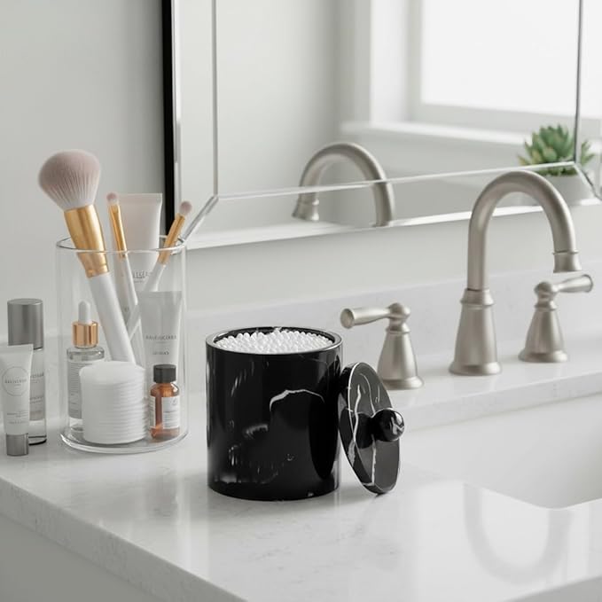 Bathroom Qtip Holder Dispenser with Lid,Vanity Cotton Swab Holder,Resin Cotton Ball Container,Makeup Sponges Cosmetics Canister,Bath Salts Storage Box for Bathroom (Marble Black)