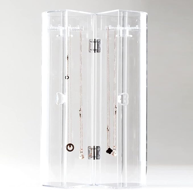 Spinning Tubular Acrylic Jewelry Storage Holder, Rotating Organizer - 24 Hooks for Dressing Table, Cosmetic Stations, Dresser, Bathroom Vanity Countertop - Holds Necklaces, Bracelets Clear