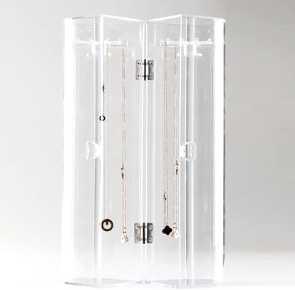 Spinning Tubular Acrylic Jewelry Storage Holder, Rotating Organizer - 24 Hooks for Dressing Table, Cosmetic Stations, Dresser, Bathroom Vanity Countertop - Holds Necklaces, Bracelets Clear