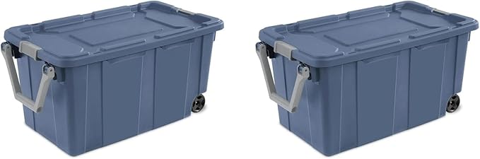 Storage Bin 40 Gallon 160 Qt Wheeled Industrial Tote Plastic Rolling Stacker Storage Box, Tough Lidded Stackable Storage Container for Home, Garage, and Camping Blue Moonlight Base and Lid