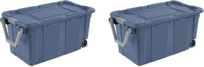 Storage Bin 40 Gallon 160 Qt Wheeled Industrial Tote Plastic Rolling Stacker Storage Box, Tough Lidded Stackable Storage Container for Home, Garage, and Camping Blue Moonlight Base and Lid
