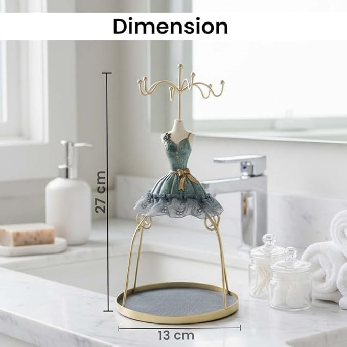 Go Hooked Doll Dress Jewelry Holder Stand | Jewelry Organizer Stand with Hooks for Necklaces, Earrings, Bracelets & Rings | Decorative Jewelry Storage Display for Dressing Table Bedroom Gifting (Grey)