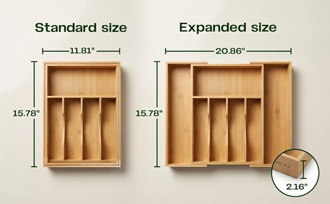 Premium Bamboo Utensil Drawer Organizer Expandable – Modular Silverware Organizer Adjustable Design w/Deep Compartments, Kitchen, & Office Drawer Dividers for Utensils, Cutlery, Makeup, Desk
