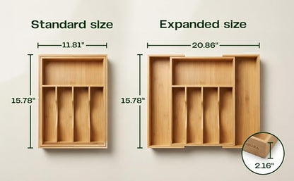 Premium Bamboo Utensil Drawer Organizer Expandable – Modular Silverware Organizer Adjustable Design w/Deep Compartments, Kitchen, & Office Drawer Dividers for Utensils, Cutlery, Makeup, Desk