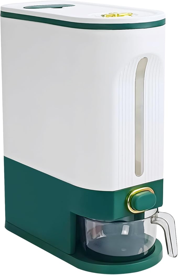 LUOKER Rice Dispenser,25 Lbs Rice Storage with Measuring Cup,White&Green Rice Container with One-Touch,Cereal Dispenser Storage with Lids for Rice, Corn,Soybean & Oatmeal,Airtight, Moisture Proof