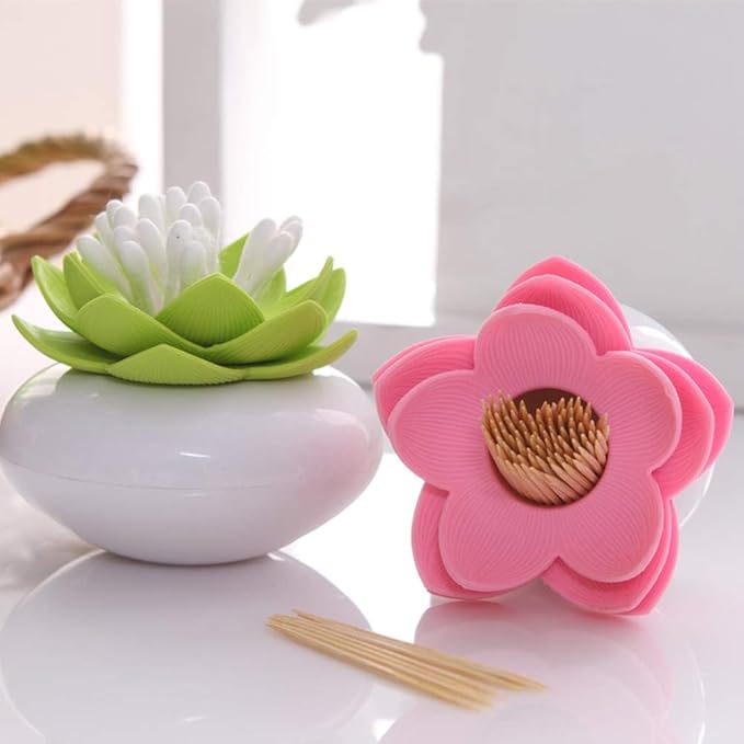 Bloss QTip Cotton Swab Holder Set - Lotus Toothpick Organizer Bathroom Decor Vanity Canister - 2 Pack (Green + Pink)