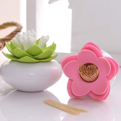 Bloss QTip Cotton Swab Holder Set - Lotus Toothpick Organizer Bathroom Decor Vanity Canister - 2 Pack (Green + Pink)