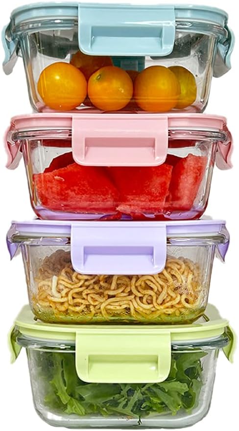 2Cup Square Glass Food Storage Containers, Small Square Food Containers With Airtight Lids Leak-proof, BPA free 16oz Glass Meal Prep Bowls, Dishwasher, Microwave, Freezer Safe (4 color)