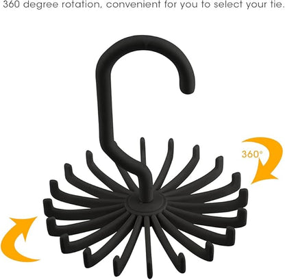Tie Rack, 360 Degree Rotatable Belt and Scarf Hanger, 20 Hook Organizer, Black, PP Material, Space Saving Closet Storage, 4.3x4.3x0.6 Inch