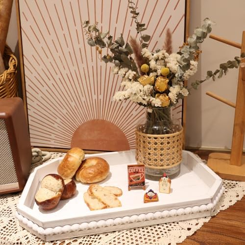 Hrastany Whitewashed Wood Serving Tray with Beads, Farmhouse Decorative Tray for Table Centerpiece, Christmas Wedding Halloween Home Decor - Image 3
