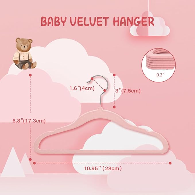 Stormix Baby Velvet Hangers, 50 Pack Children's Clothes Hangers Non-Slip Kids Hangers for Infant/Toddler Pink