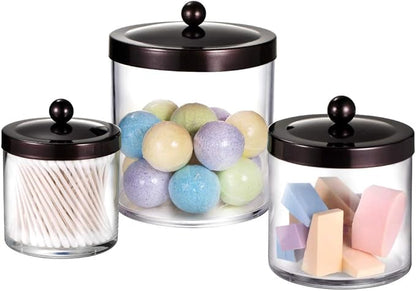 SheeChung 3-Pack Plastic Apothecary Jars with Bronze Metal Lids - Large 50oz, 25oz & 15oz Clear Acrylic Storage Set - Shatterproof Bathroom Vanity & Kitchen Organizer - Modern Farmhouse Rustic Decor